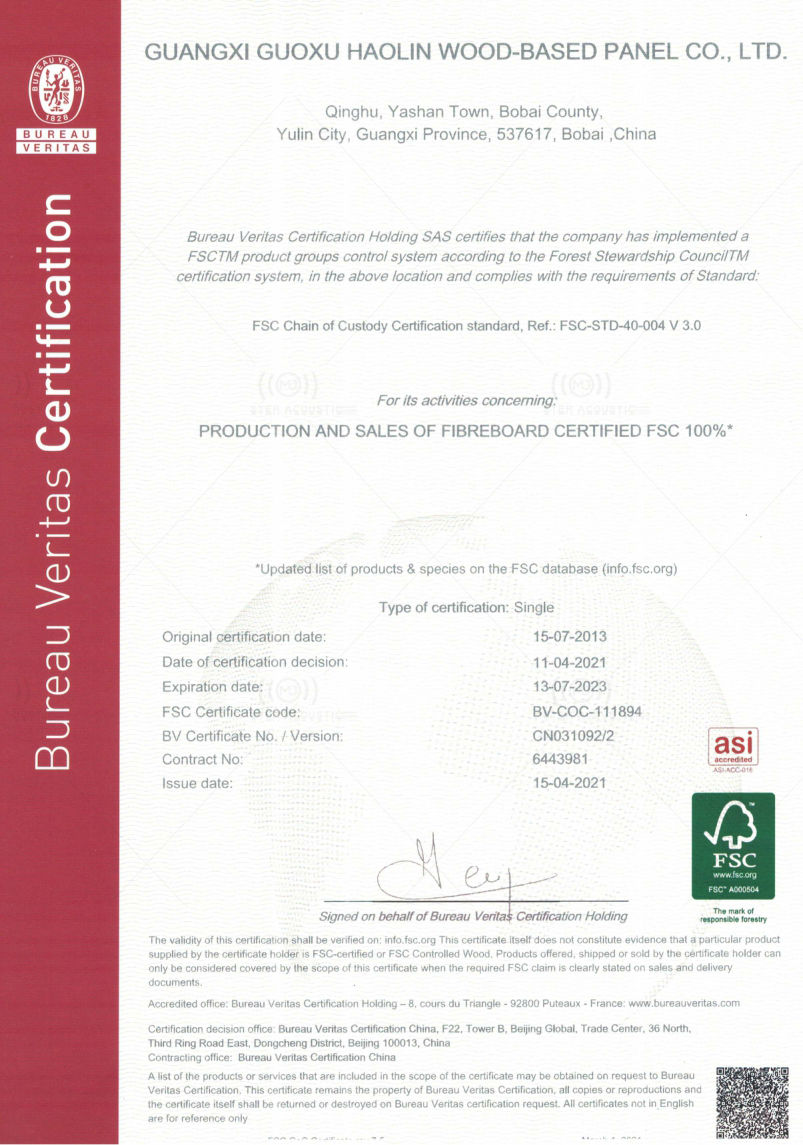 Guoxu Haolin FSC Certificate 2021